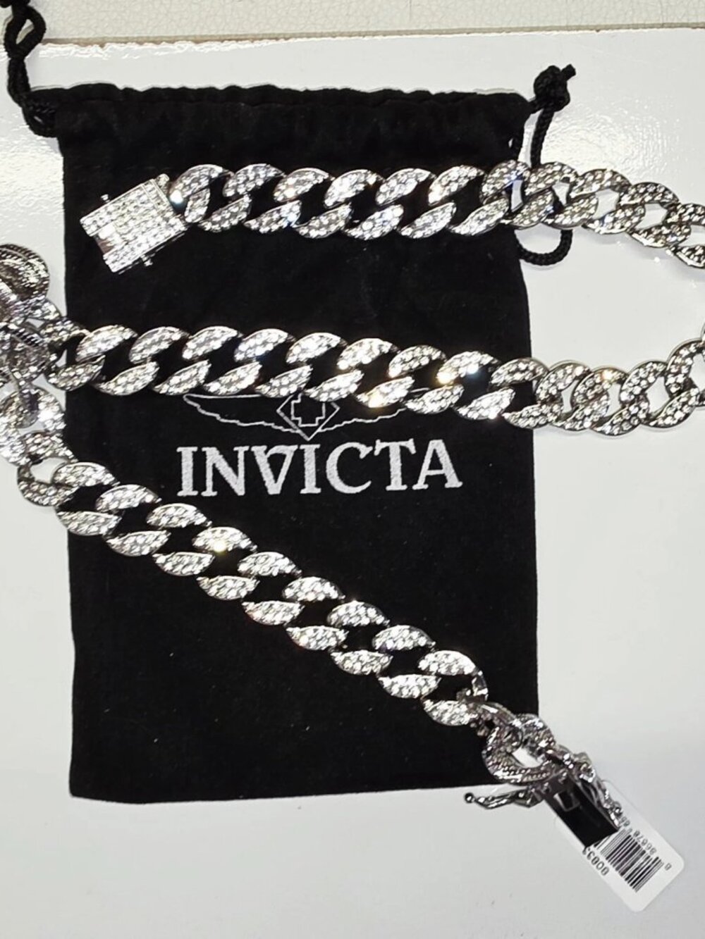 INVICTA Elements Iced Out Silver Cuban Chain Necklace 22" 15mm Pave Crystals...
